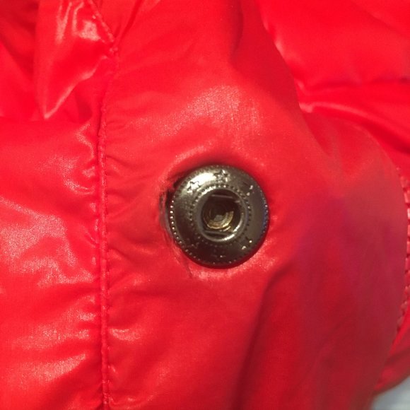 Simon Chang Red & Black Long Down Jacket with Fur Collar & Quilted Patterns - Picture 14 of 16